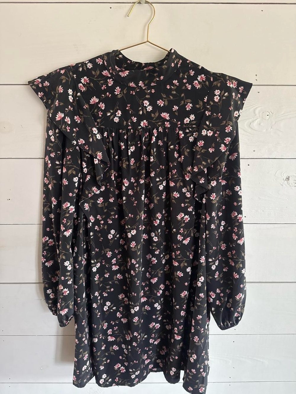Wayf Black Floral Ruffle-Yoke Tunic Dress